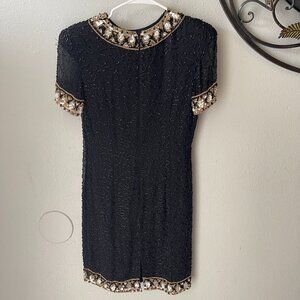 Vintage A.J. Bari Black 100% Silk Beaded Cocktail Dress W/ Gold Sequins Sz 6